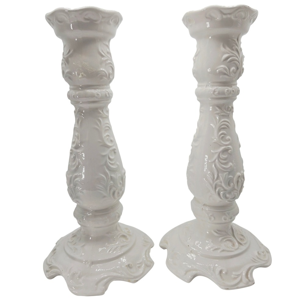 Napcoware Vintage White Ceramic Candlestick Holders Floral Embossed Set of 2